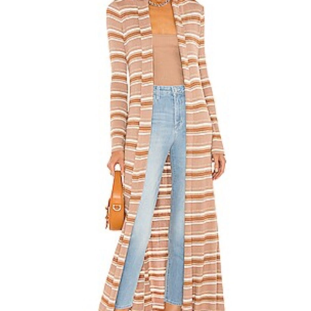 L'AGENCE Marija Striped Duster Long Cardigan Sz Medium Camel Multi Retails $350